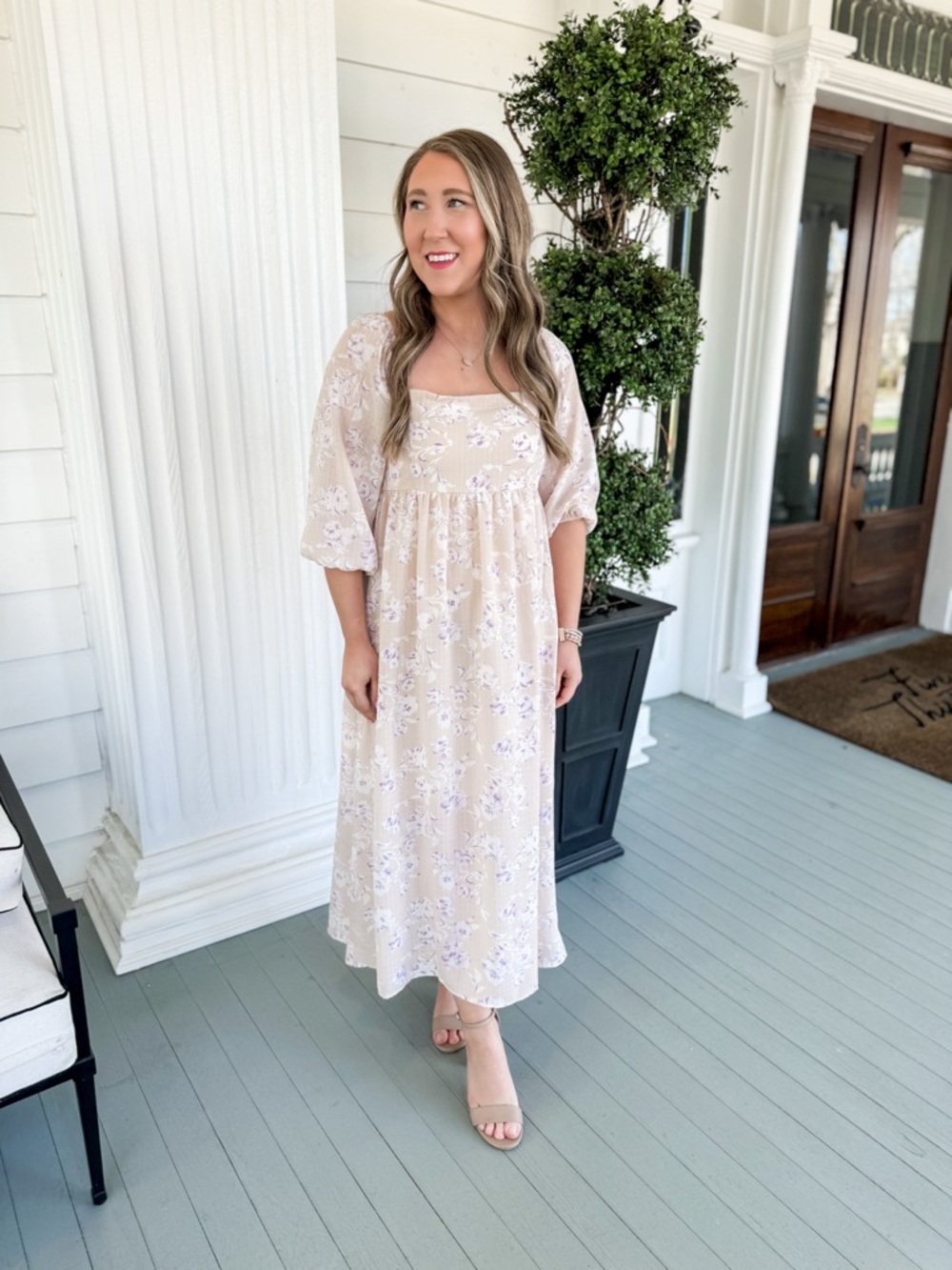 Gilli Cream Floral Square-Neck Midi Dress